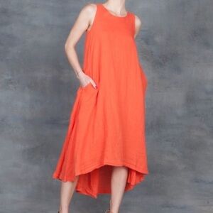 Black Crane Sleeveless High Low Maxi Dress Flax Linen Orange Paprika XS